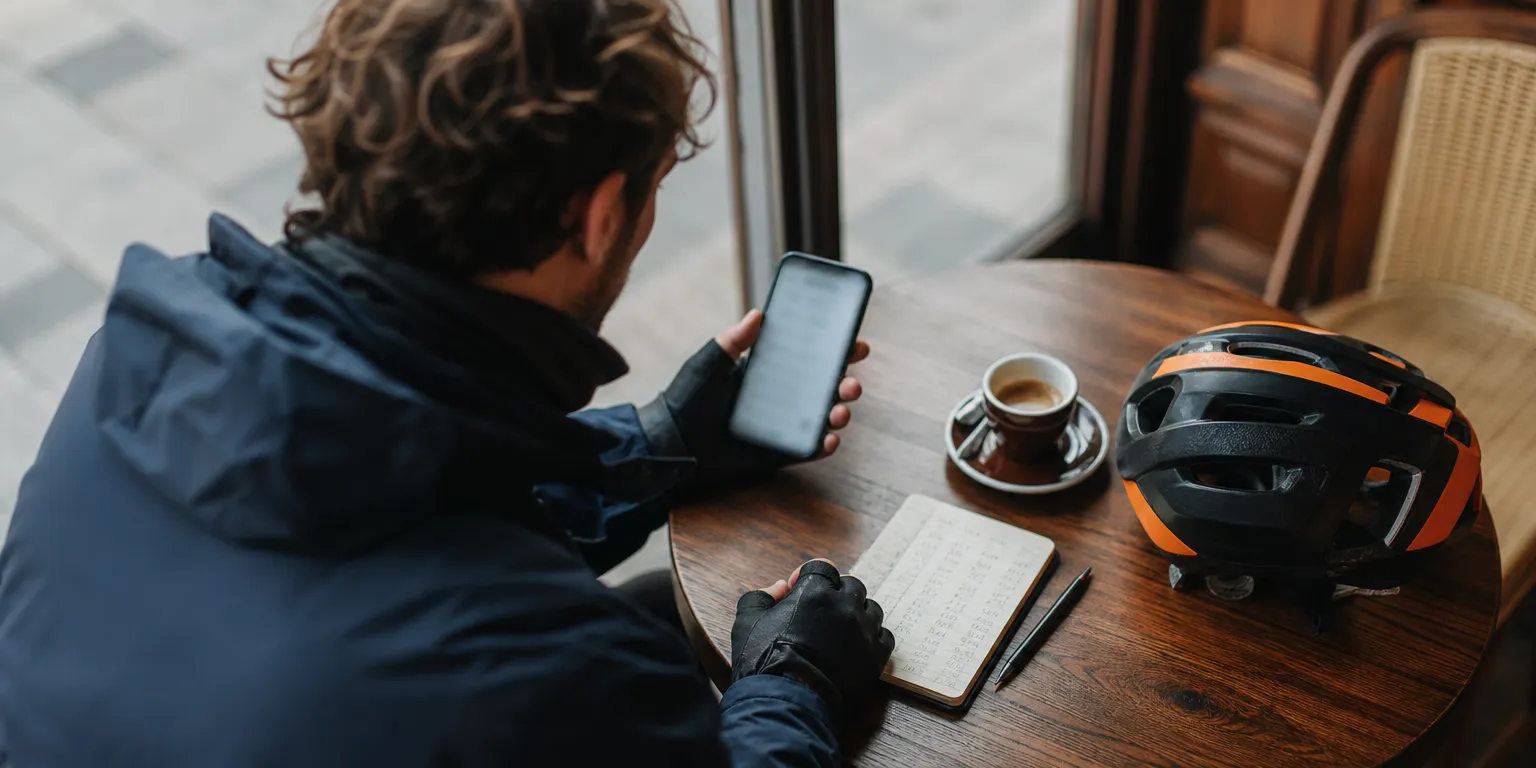 Livreur vérifiant son virement net après prélèvement des cotisations par la plateforme, carnet de recettes sur la table