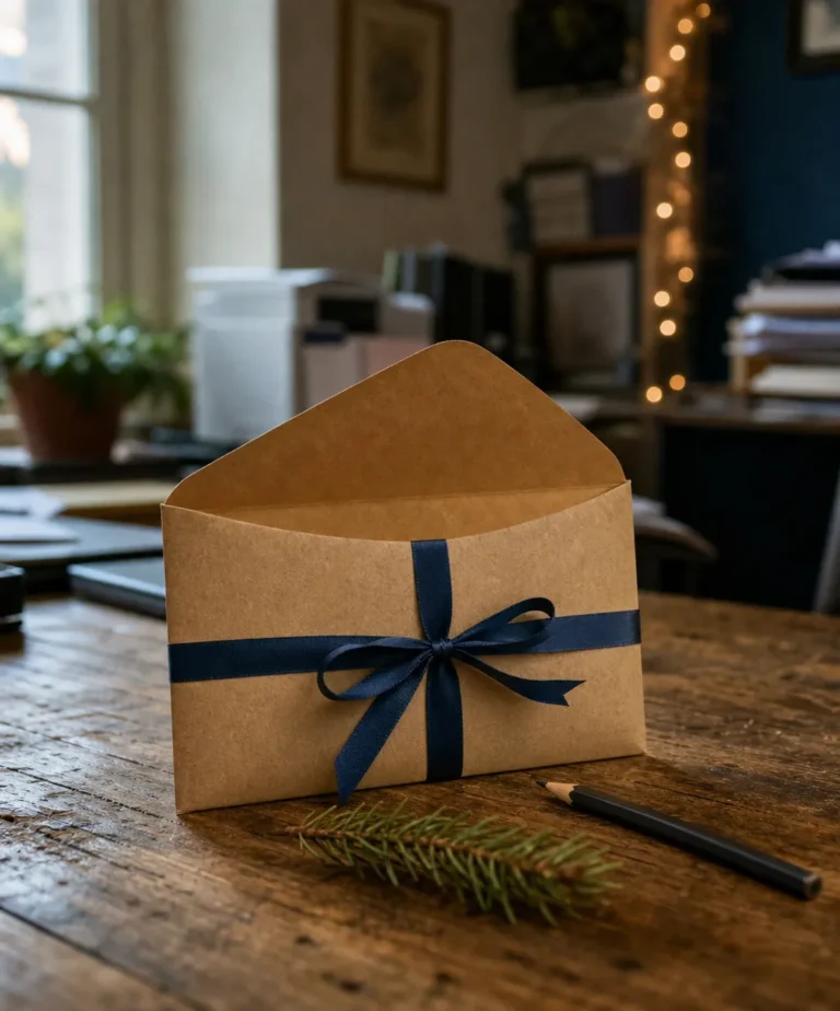 Enveloppe kraft nouée d'un ruban bleu sur un bureau en fin d'année, symbole de la prime de partage de la valeur versée aux salariés