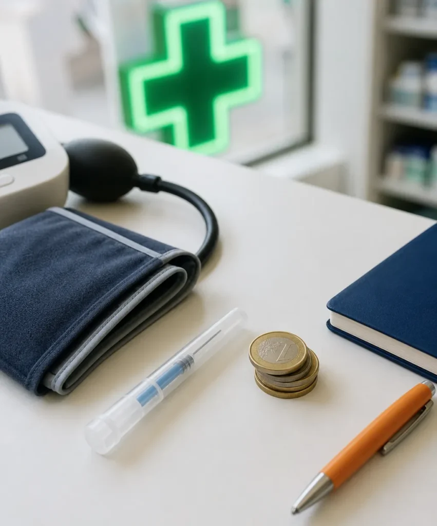 Brassard à tension, seringue de vaccin et pièces d'euros sur un comptoir : ce que rapporte un rendez-vous prévention en pharmacie
