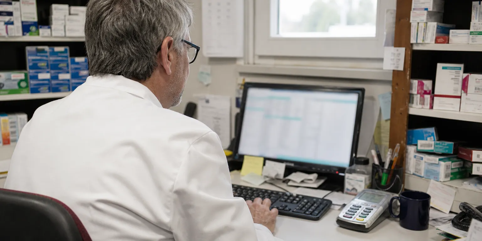 Pharmacien titulaire vérifiant la facturation des actes de prévention et de vaccination dans l'arrière-boutique