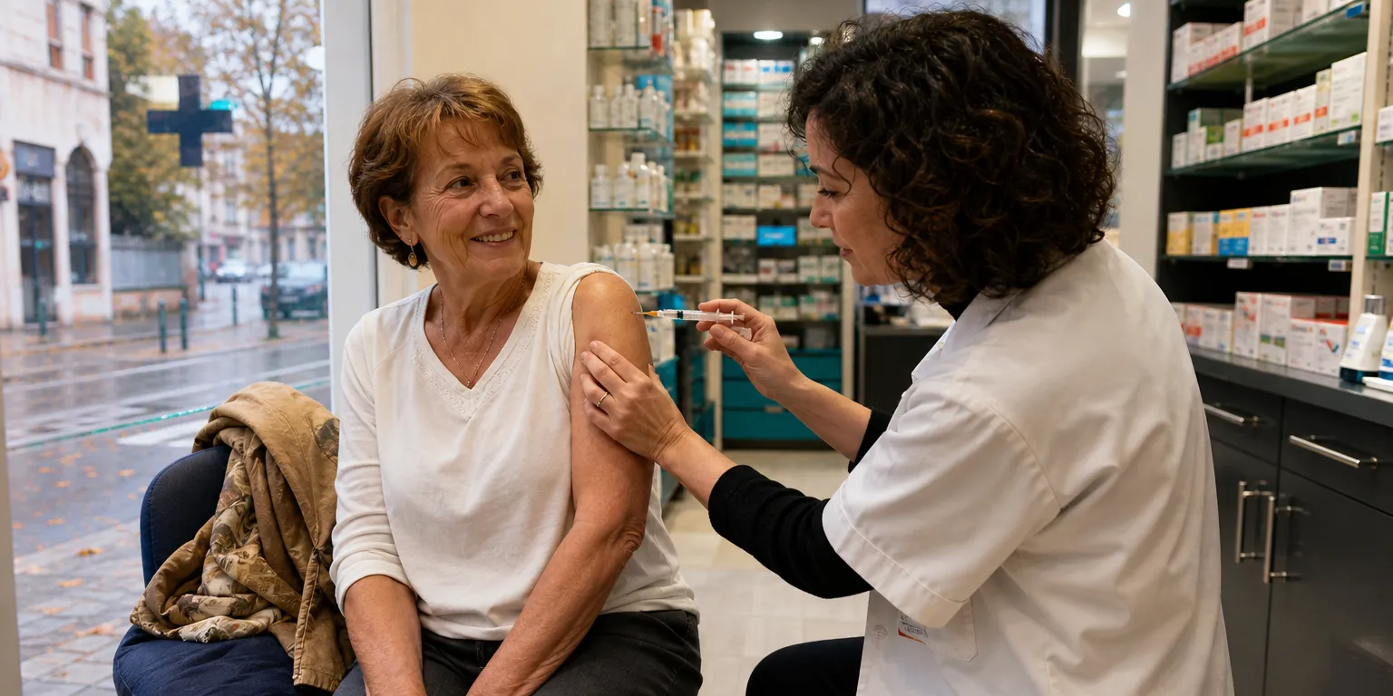 Vaccination antigrippale d'une patiente de 70 ans en pharmacie, couplée au bilan prévention