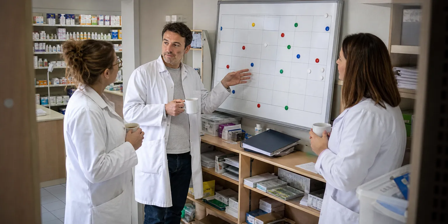 Équipe officinale organisant le planning des rendez-vous de prévention et des missions de la semaine