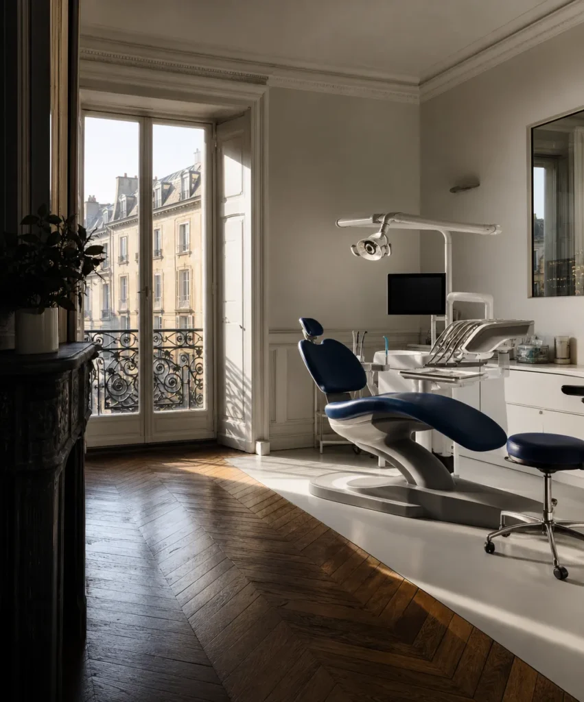 Cabinet dentaire libéral vide avec fauteuil bleu marine, illustrant le salaire dentiste et le revenu réel du chirurgien-dentiste