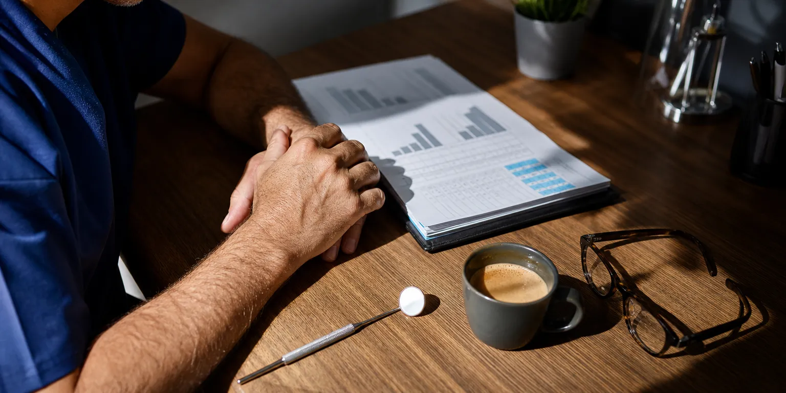 Mains d'un chirurgien-dentiste consultant des statistiques de revenus DREES et CARCDSF sur le salaire dentiste