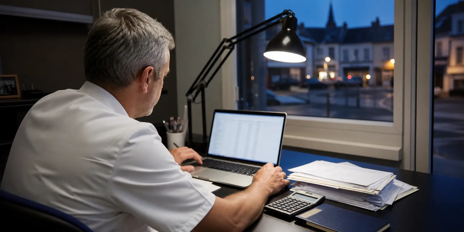 Dentiste libéral analysant ses charges et cotisations CARCDSF et Urssaf pour calculer son revenu net