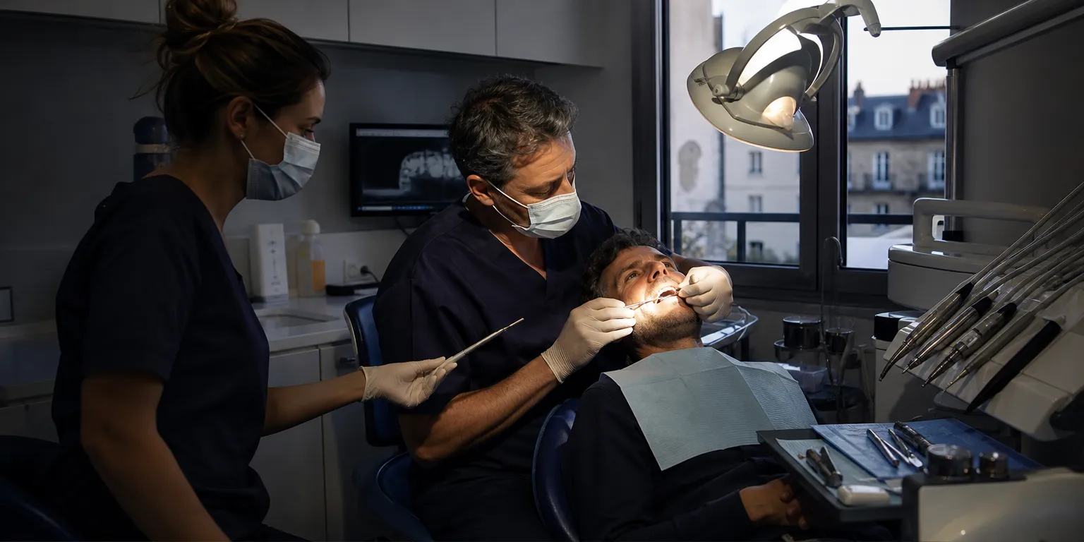 Omnipraticien installé soignant un patient avec son assistante dentaire, revenu chirurgien-dentiste libéral