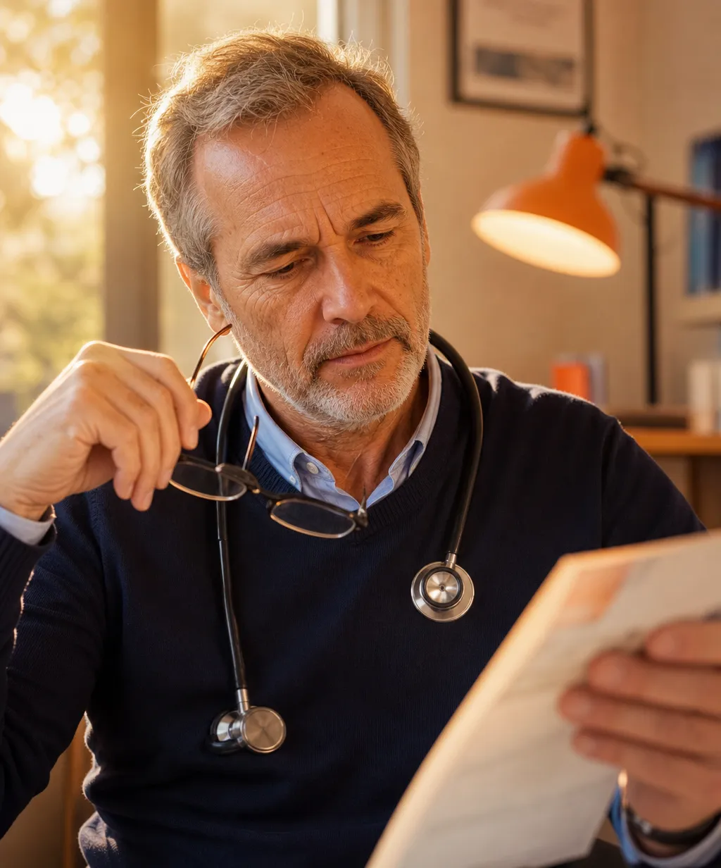Médecin généraliste français relisant son relevé d'honoraires annuel, symbole du salaire médecin généraliste réel