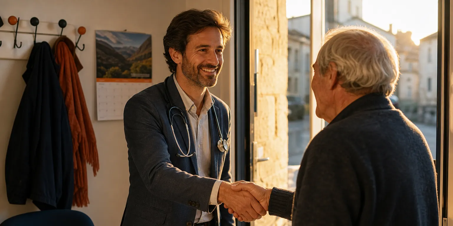 Médecin généraliste raccompagnant un patient âgé, consultation à 30 euros et forfait médecin traitant
