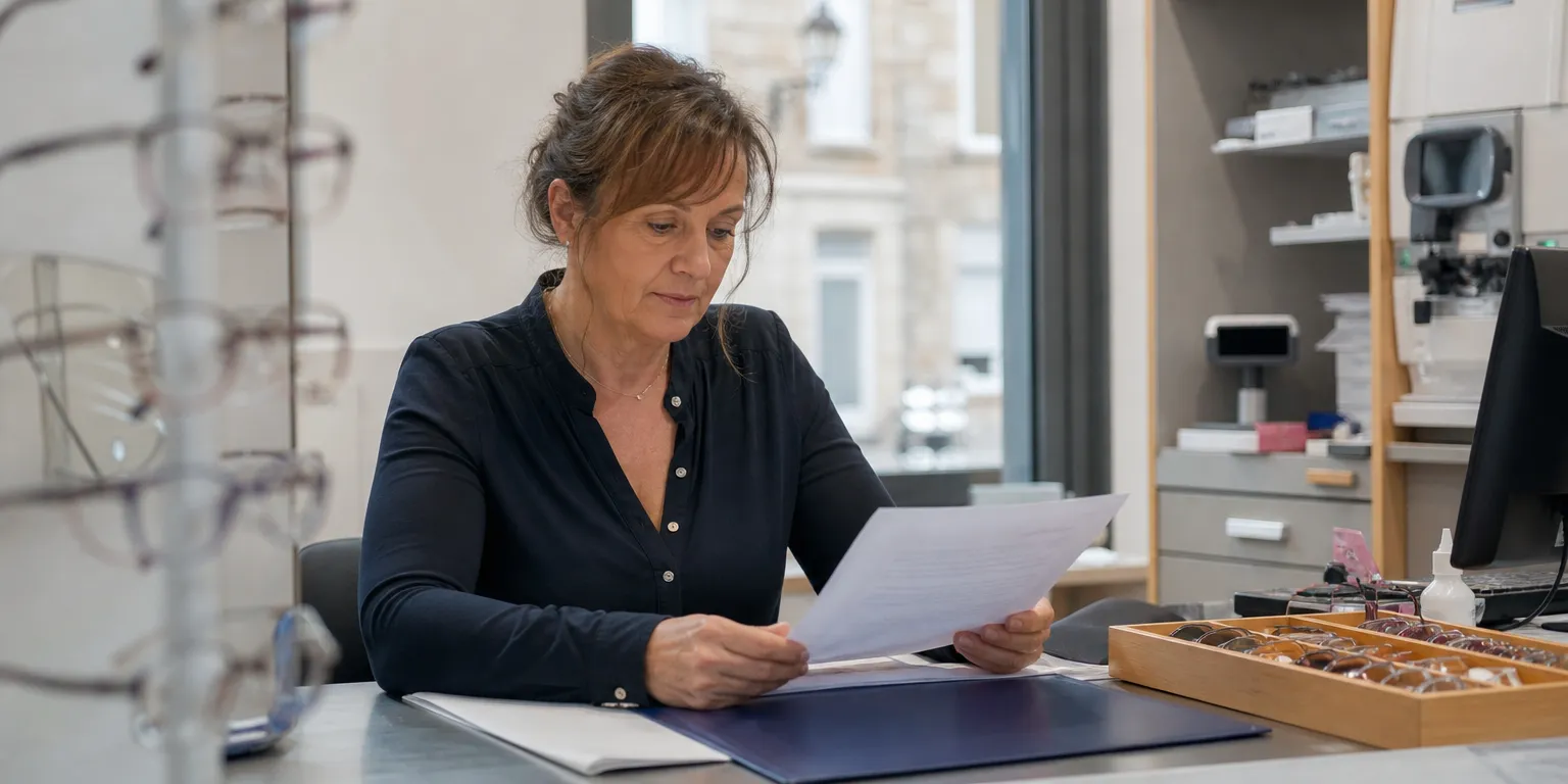 Gérante de magasin d'optique lisant l'accord de branche sur les minima conventionnels optique