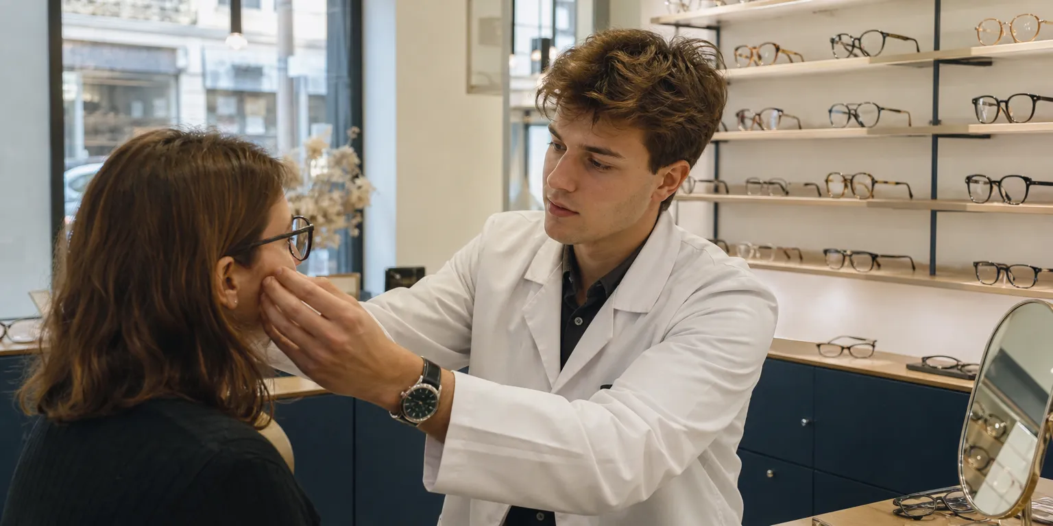 Jeune opticien diplômé ajustant des lunettes en magasin, niveau A de la grille salaire opticien