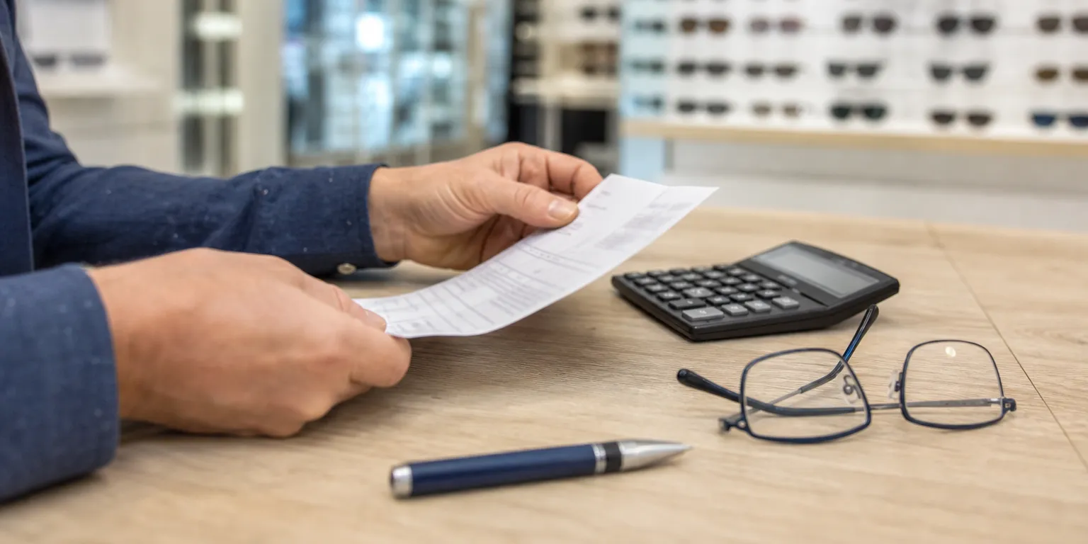 Bulletin de paie et calculatrice sur un comptoir d'optique, coût salarié magasin optique
