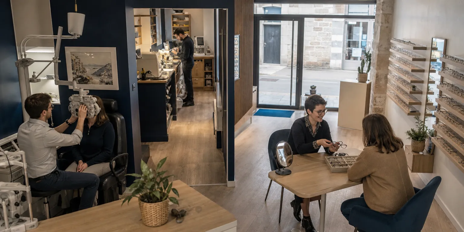 Équipe de trois salariés dans un magasin d'optique, exemple de masse salariale