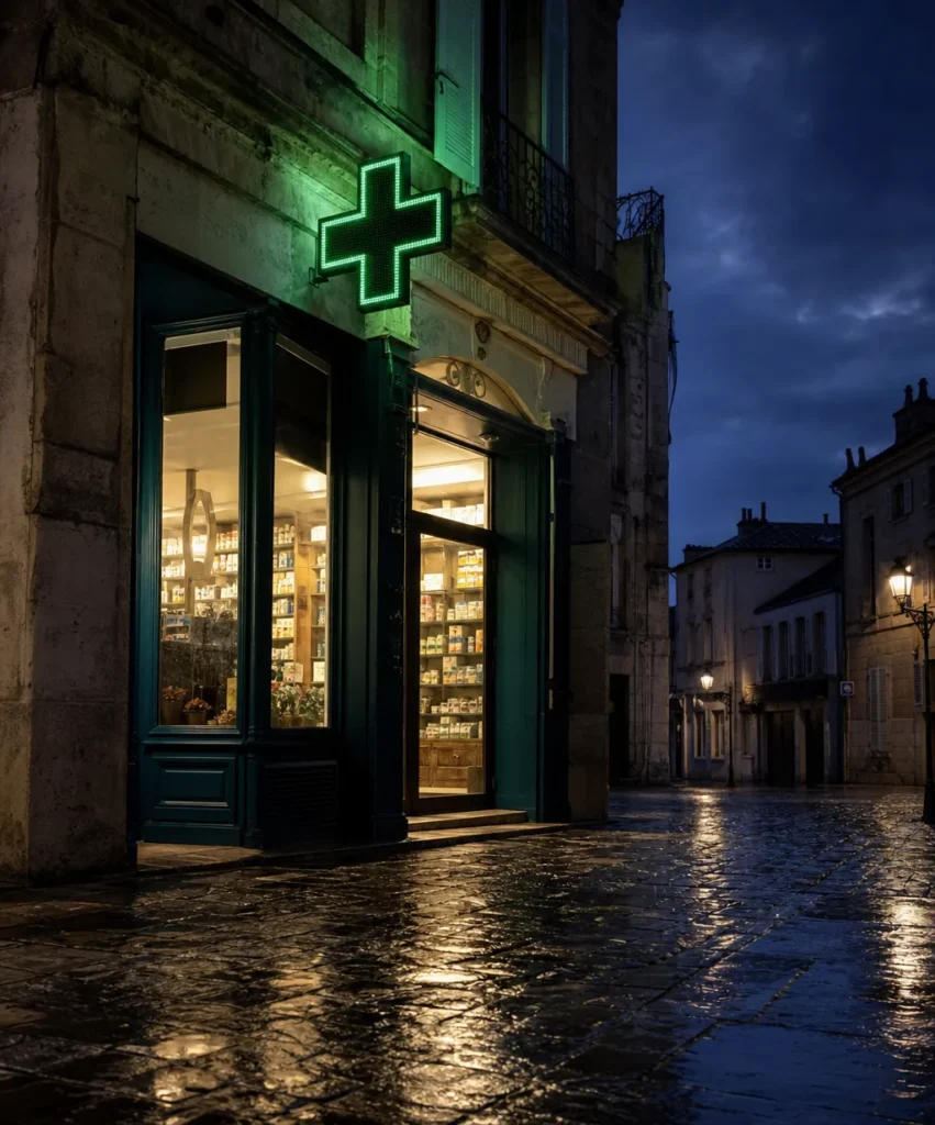 Devanture d'une pharmacie française avec croix verte allumée, illustrant le salaire du pharmacien titulaire