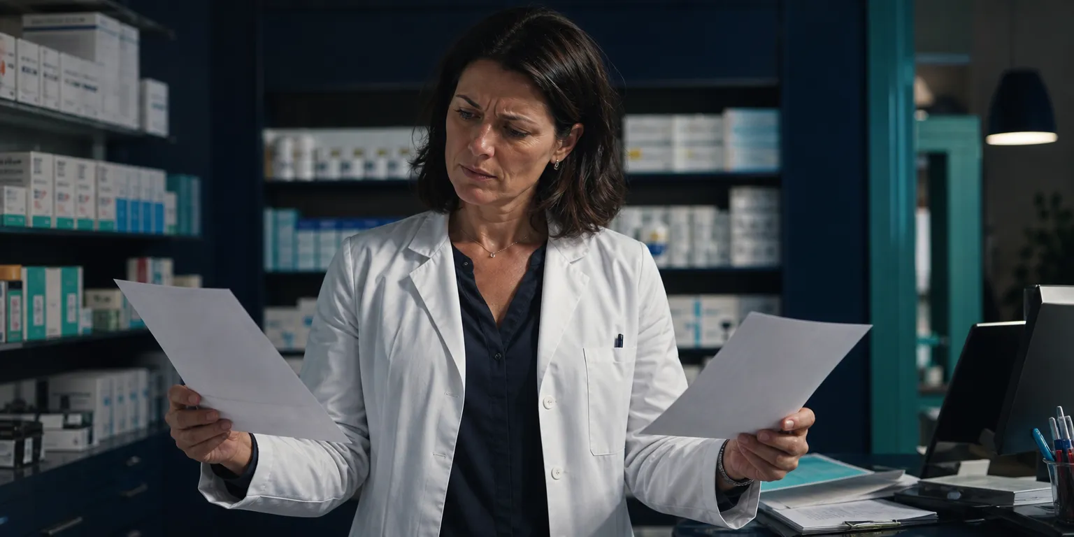 Pharmacienne titulaire comparant deux rapports financiers dans l'arrière-boutique de son officine