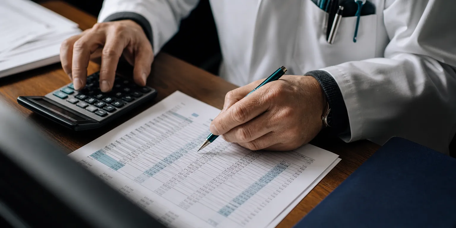 Gros plan sur le calcul de l'EBE pharmacie : mains, calculatrice et compte de résultat d'une officine
