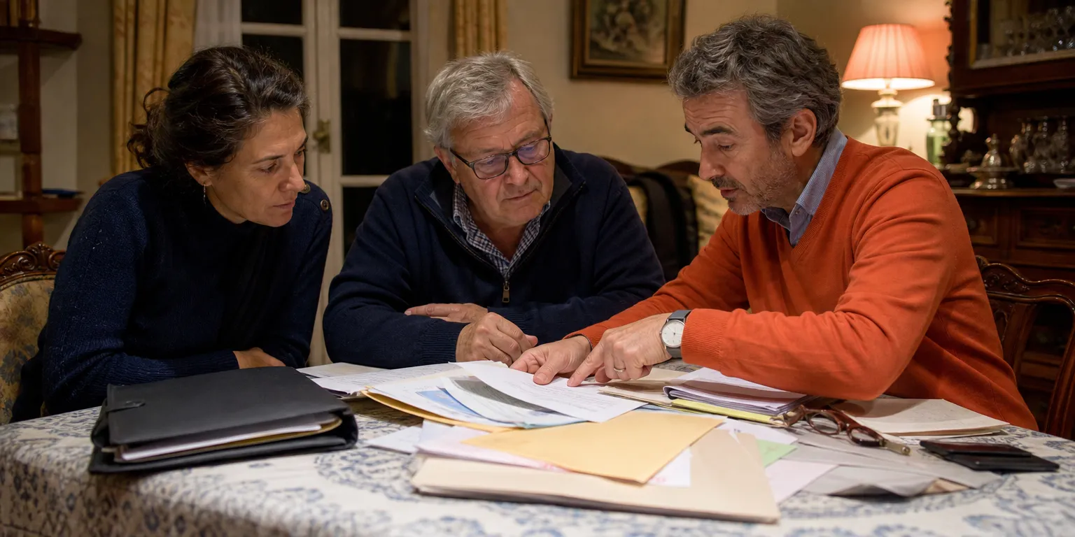 Héritiers en indivision réunis autour des papiers de succession d'un logement hérité resté vacant