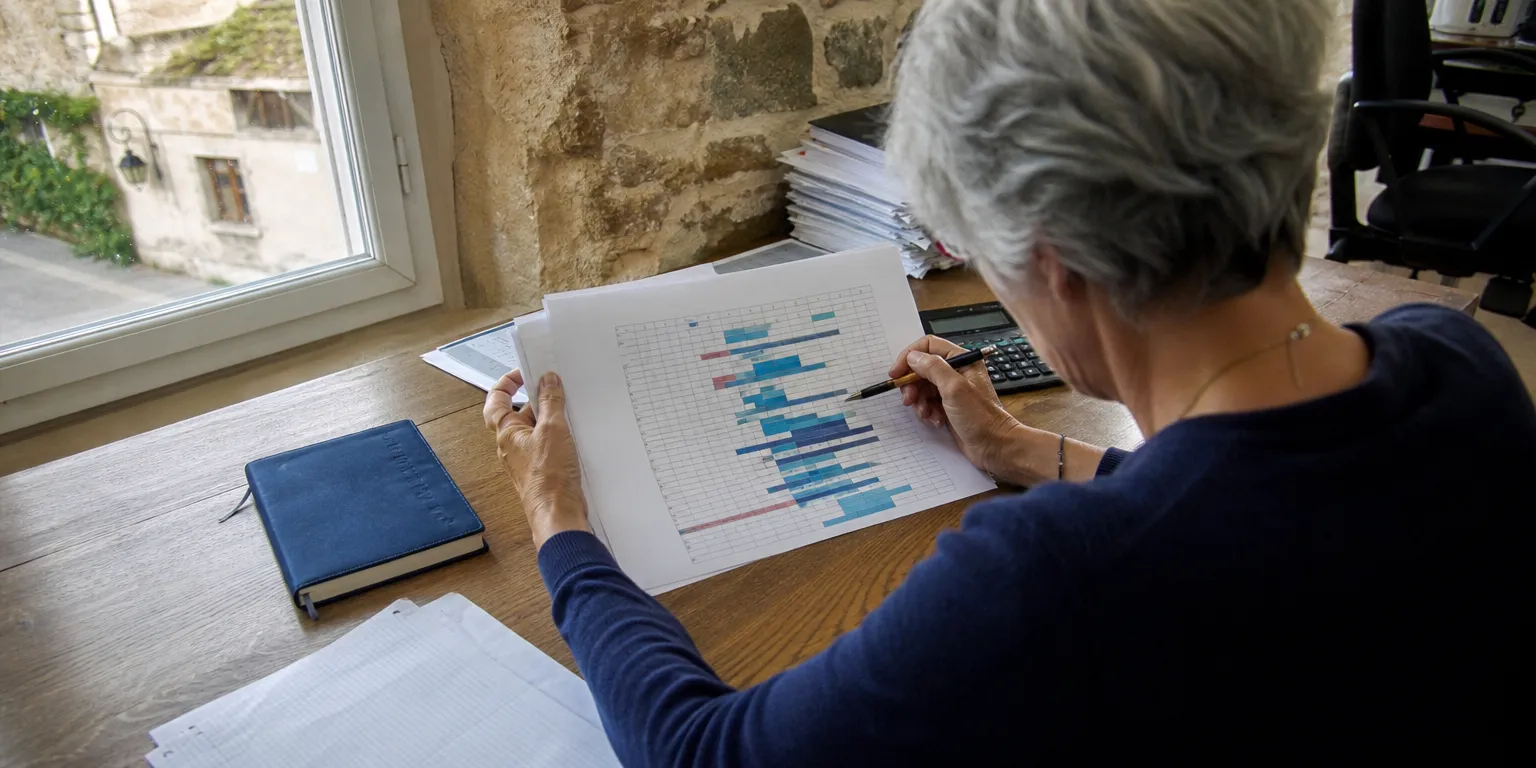 Dirigeante analysant le plan de réinvestissement de sa holding après un apport-cession