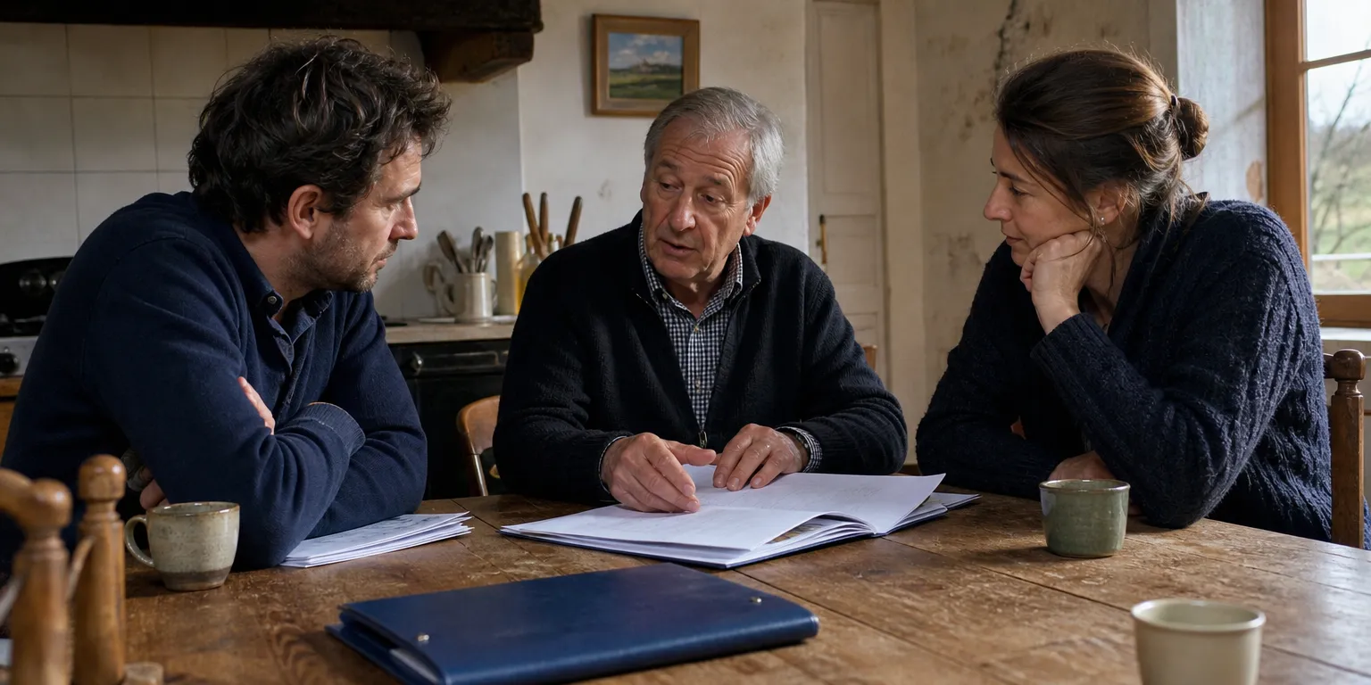 Famille réunie autour de documents pour préparer la transmission familiale de l'entreprise avec un pacte Dutreil