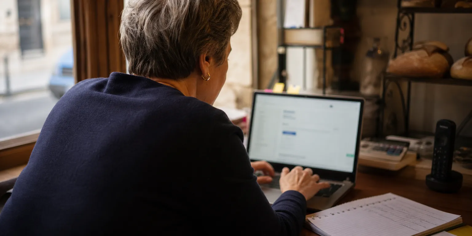 Dirigeante de TPE rédigeant une offre d'emploi avec fourchette de salaire sur son ordinateur