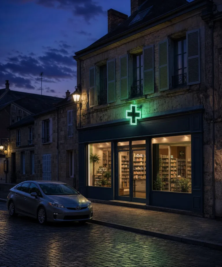 Devanture d'une pharmacie avec croix verte et voiture hybride garée devant : véhicule de société ou indemnités kilométriques en SEL