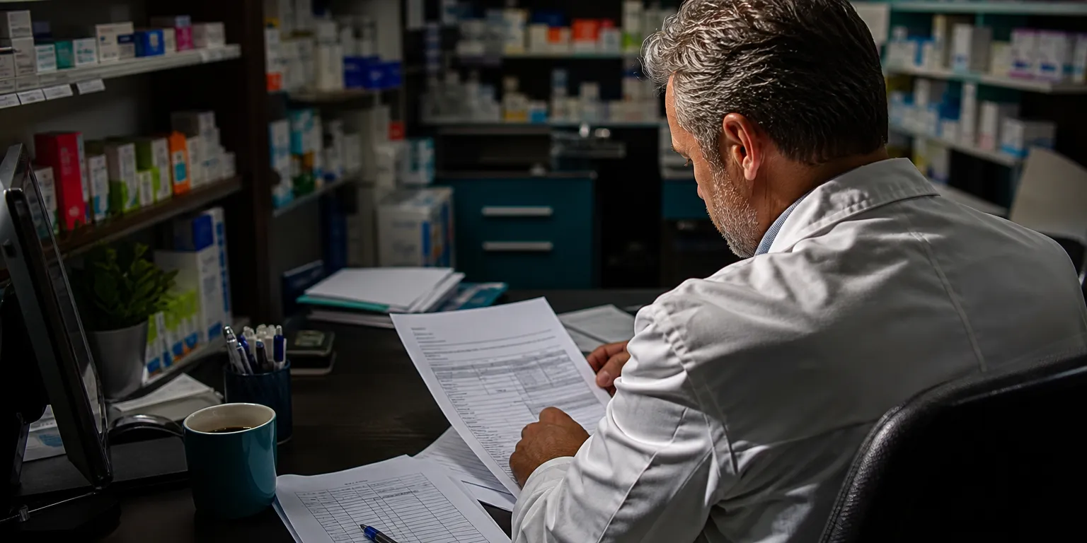Pharmacien associé de SEL relisant sa déclaration BNC et ses frais de voiture dans l'arrière-boutique
