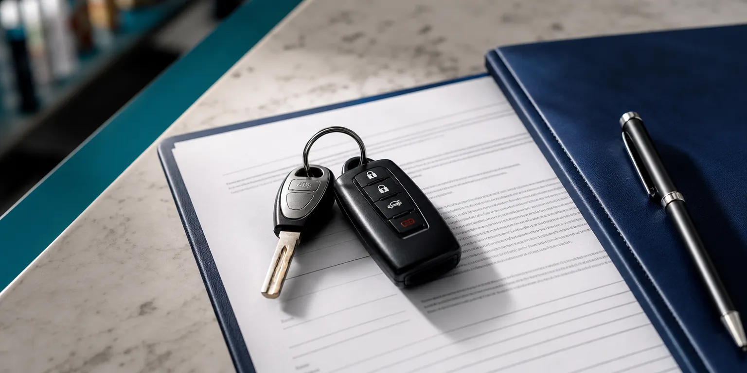 Clés de voiture posées sur un contrat de location longue durée au comptoir d'une officine : véhicule de société en SEL