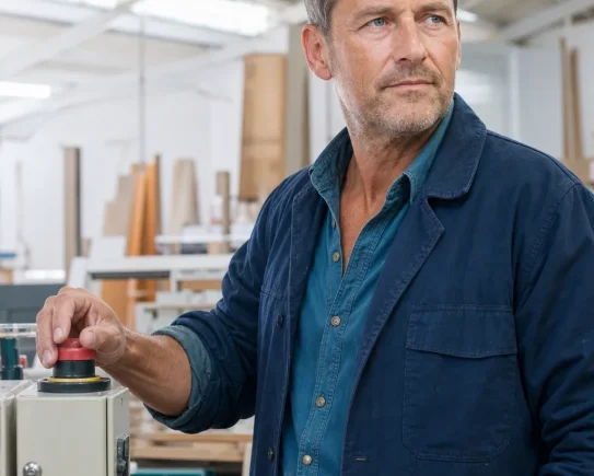 Chef d'entreprise d'un atelier français la main sur une machine à l'arrêt, face à une baisse d'activité et au recours à l'activité partielle 2026
