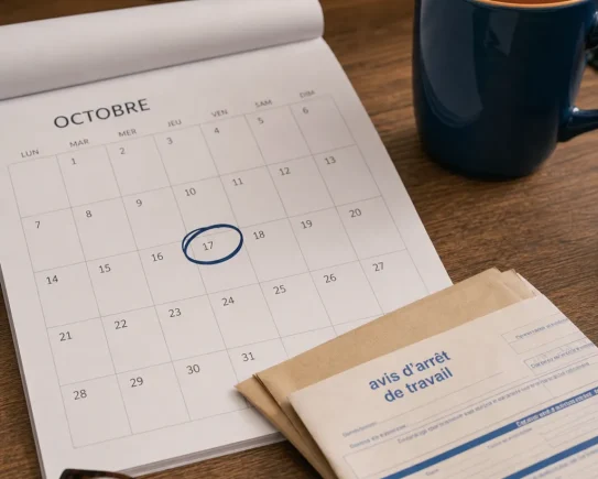 Calendrier d'octobre entouré sur un bureau : arrêt maladie ALD, ce qui change au 15 octobre