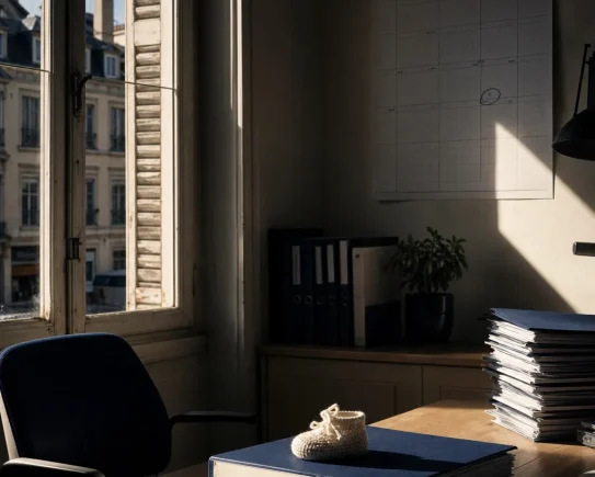 Bureau de paie d'une PME française avec un chausson de naissance posé sur un classeur : le congé de naissance côté employeur