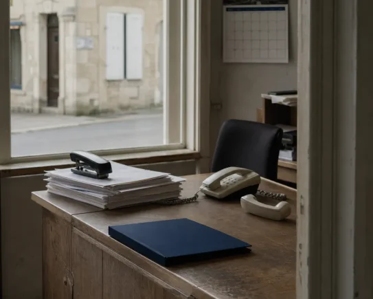 Bureau d'une petite entreprise française au petit matin, téléphone décroché et factures empilées, illustrant la cyberattaque DGFiP et le risque d'arnaque pour les entreprises