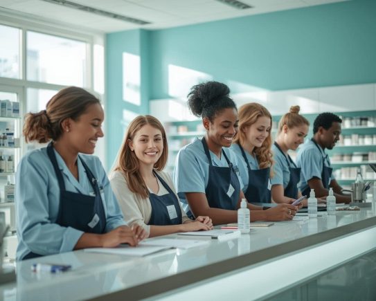 Équipe officinale en pleine collaboration dans une pharmacie moderne – QVCT pharmacie