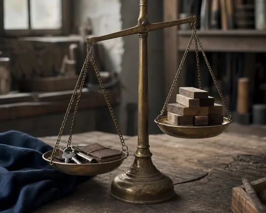 Balance symbolisant l'évaluation d'entreprise avant de vendre, posée sur un établi d'atelier