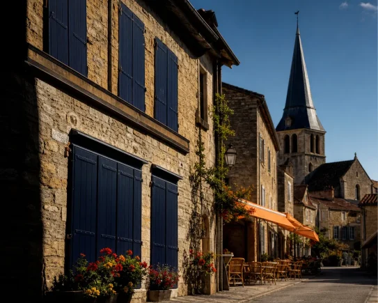 Rue principale d'un village français avec une boutique à reprendre, symbole de l'exonération ZFRR pour créer ou reprendre à la campagne