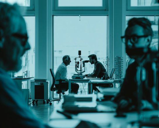 opticien réalisant un bilan visuel en entreprise dans un bureau moderne