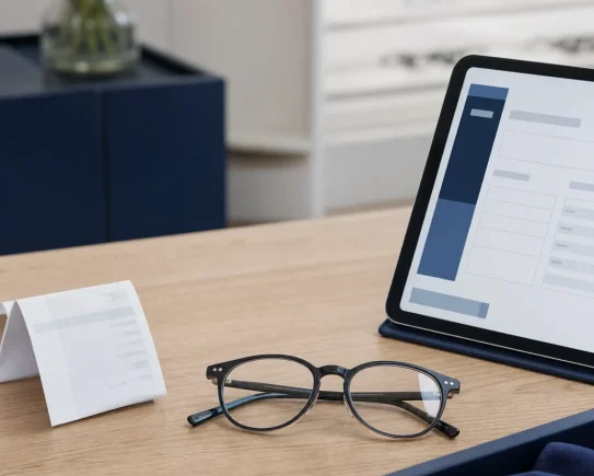 Facturation électronique opticien : lunettes sur un comptoir entre un reçu papier et une facture numérique sur tablette