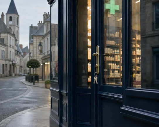 Porte d'une officine française qui s'ouvre, symbole du financement de l'achat d'une pharmacie et de l'installation du pharmacien