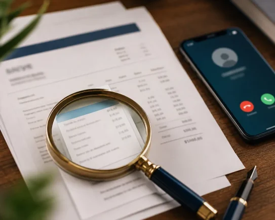 Facture fournisseur et RIB examinés à la loupe, symbole de la vérification contre la fraude au faux RIB