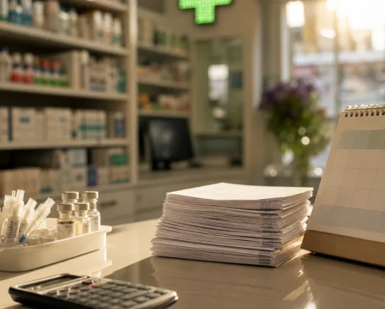 Scène métaphorique de cotation 2026 des nouvelles missions pharmacien en officine