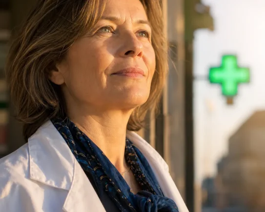 Pharmacienne titulaire déterminée devant son officine au coucher du soleil, symbole de la réforme de la rémunération officinale 2026