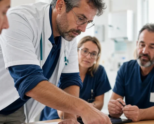 Médecin de premier recours préparant un projet France Santé en équipe
