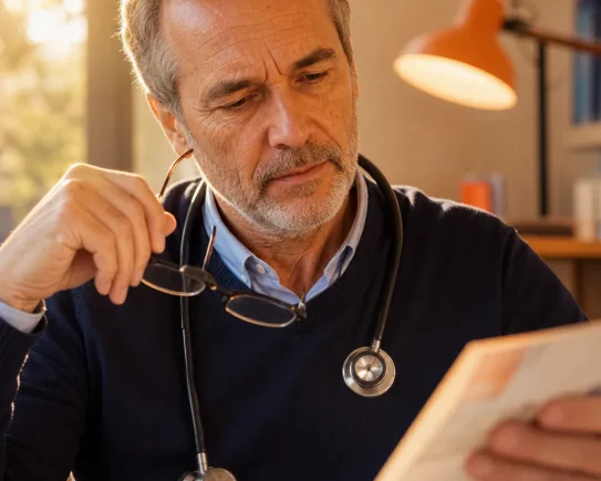 Médecin généraliste français relisant son relevé d'honoraires annuel, symbole du salaire médecin généraliste réel