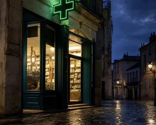 Devanture d'une pharmacie française avec croix verte allumée, illustrant le salaire du pharmacien titulaire