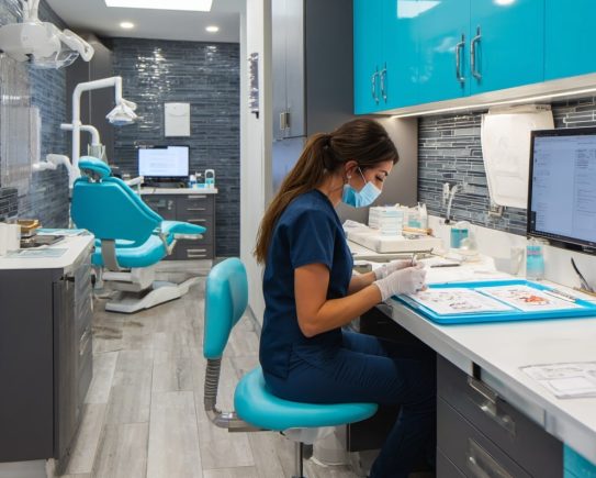 Chirurgien-dentiste vérifiant des dispositifs médicaux dentaires dans un cabinet moderne