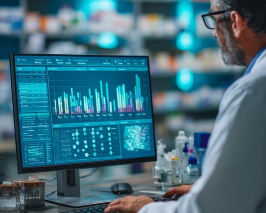 Pharmacien consultant KPI un tableau de bord digital sur la marge par catégorie de produits en officine
