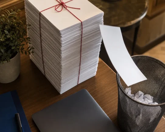 Pile de formulaires Cerfa papier prête à disparaître, symbole de la suppression des Cerfa et de la simplification des démarches administratives