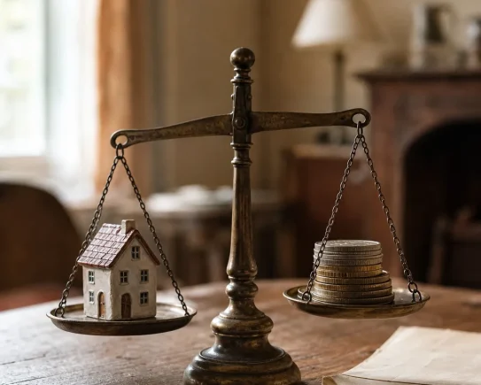 Balance ancienne pesant une maison miniature et des pièces en euros, métaphore de la taxe foncière 2026 à vérifier avant de payer