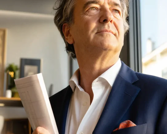 Dirigeant de holding patrimoniale déterminé à la tombée du jour, document en main, symbolisant l'anticipation de la taxe sur les holdings patrimoniales 2026