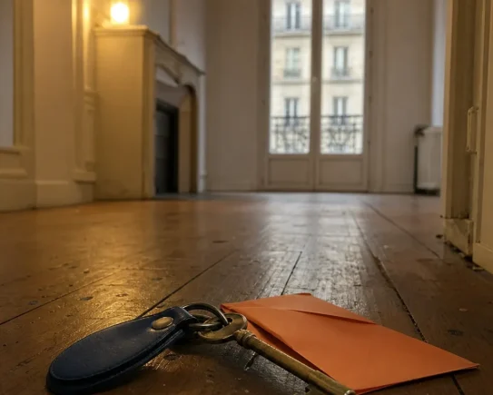Clé posée au sol d'un appartement vide, symbole de la taxe logement vacant 2027